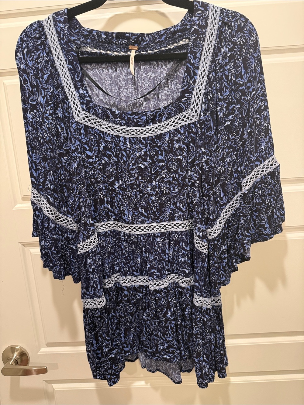 Free People Navy Blue Floral Crochet Lace Tiered Bell Sleeve Tunic Mini Dress XS